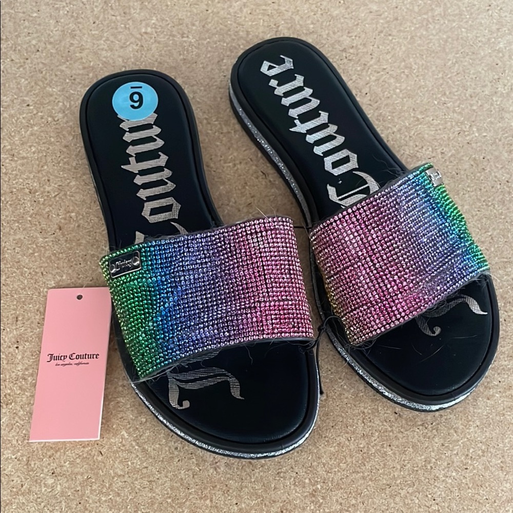 NWT Juicy couture rainbow ombré rhinestone bling slide on sandals